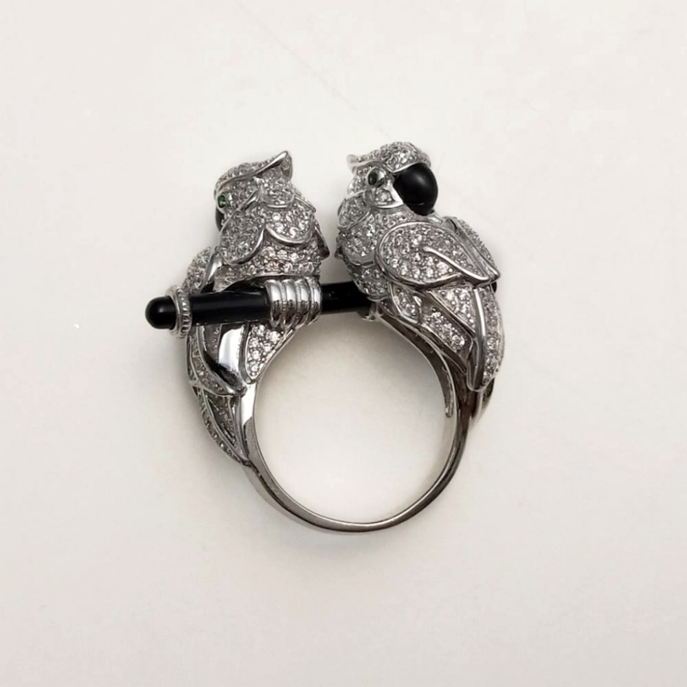Sterling Silver Paved Cz Double Perched Parrot Ring Size 8